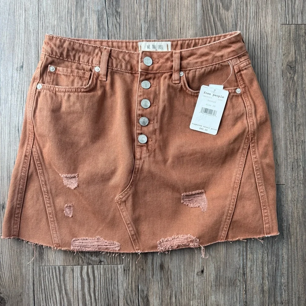 NWT Free People We The Free A-Line Distressed Denim Jean Skirt Bronze Size 28